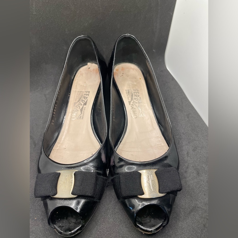 Salvatore Ferragamo black patent peep toe kitten heel